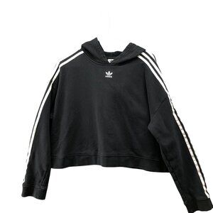Adidas Originals Black Cropped Hoodie Womens L Sweatshirt 3 Stripes Pullover